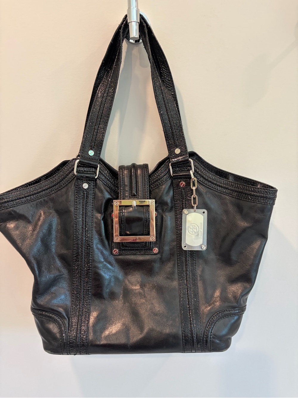 Tory Burch Black Leather Shoulder Bag with Buckle Accent